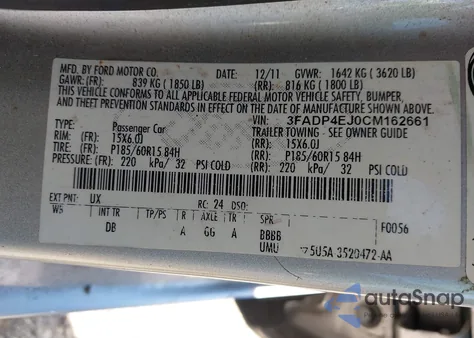 2012 Ford Fiesta Se из США, поврежденный, VIN 3FADP4EJOCM162661